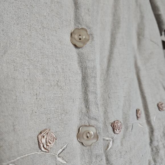 Vtg Fashion Bug Floral Linen Button Up Top Size 16 Embroidered Beige Boho Beach - Picture 3 of 9